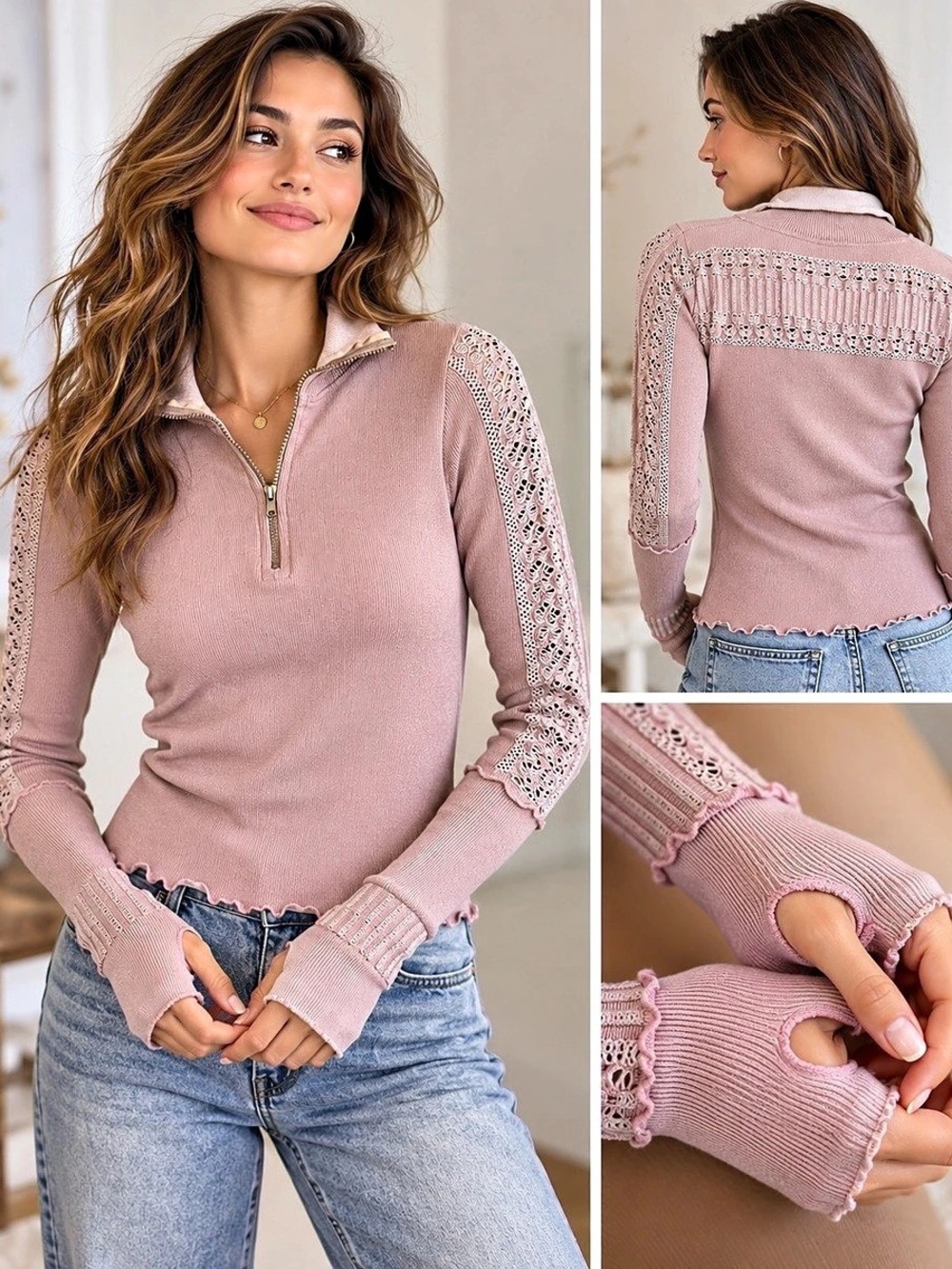 Free People Frankie Cuff Pink Lace Ribbed Half Zip Top XS/S Balletcore Romantic